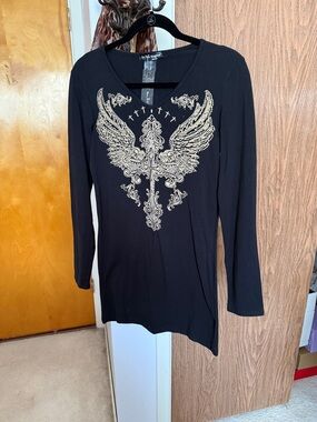 Women's Black Mini Dress with Gold Wing Motif